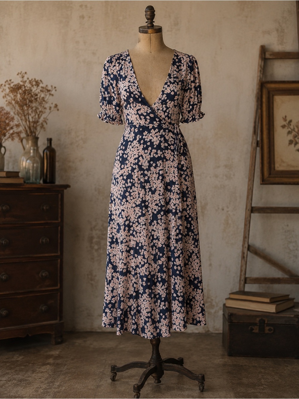 Navy & Pink Floral Rayon Wrap Dress